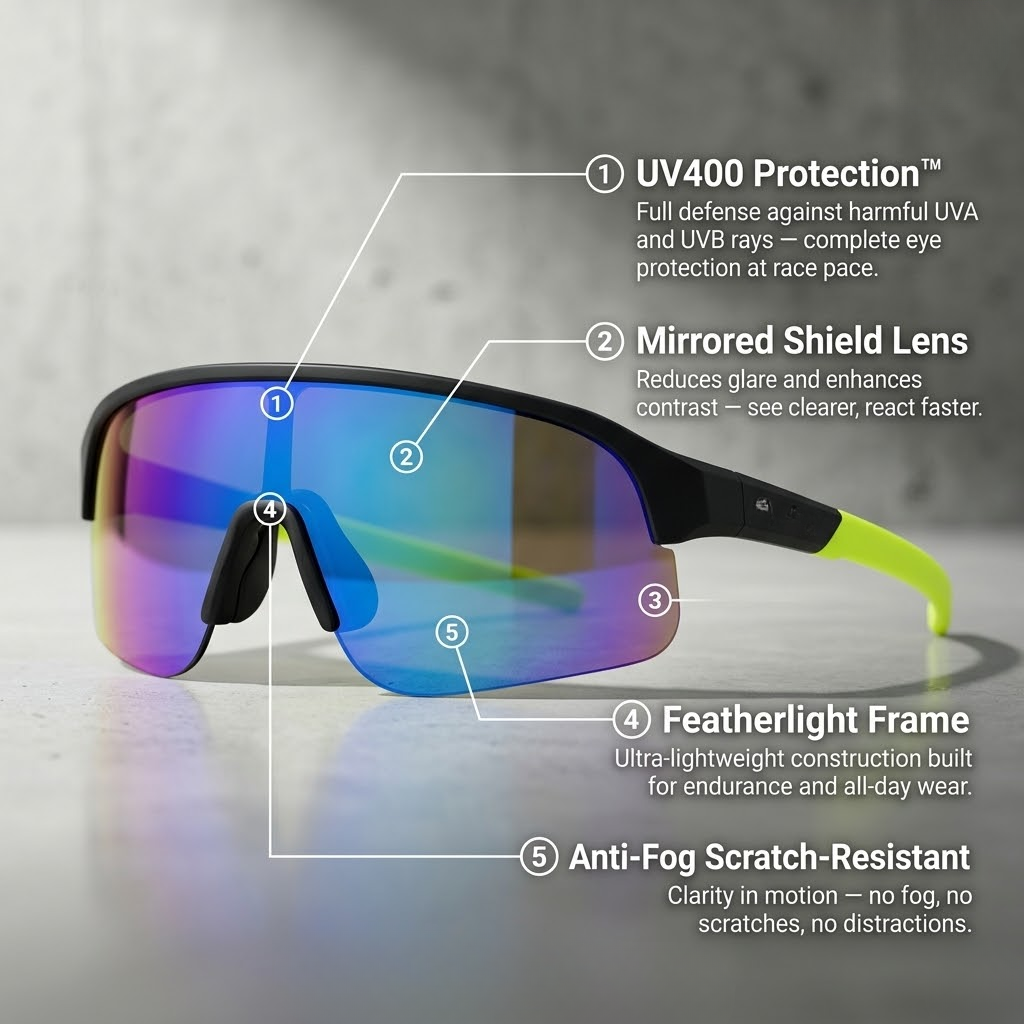 RUNNR Sports Sunglasses — UV400 Protection · Anti-Fog · Mirrored Wraparound Lens