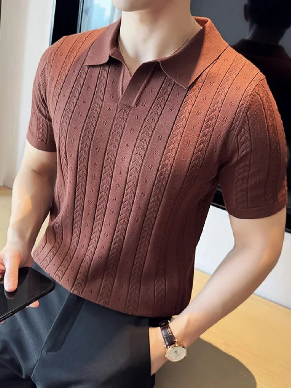 SALISBURY® 2026 Men's Striped Jacquard Knit Polo Shirt with V-Neck