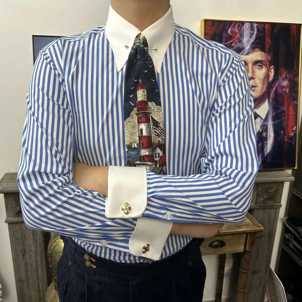 VALSORI® Windsor Collar Stripe Slim Shirt