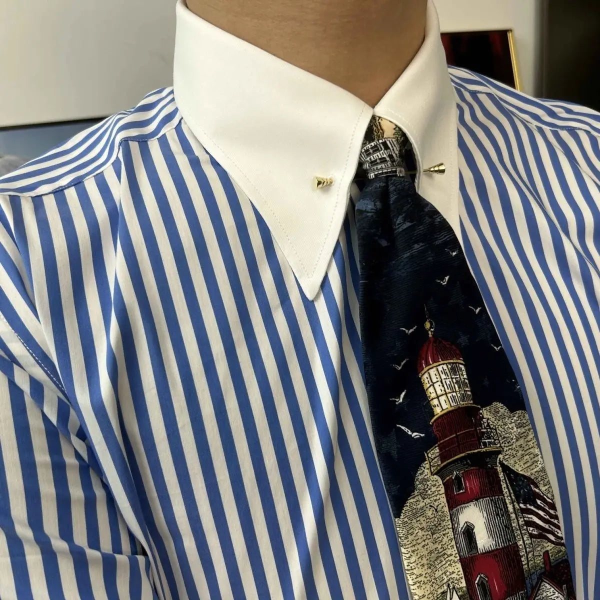 VALSORI® Windsor Collar Stripe Slim Shirt