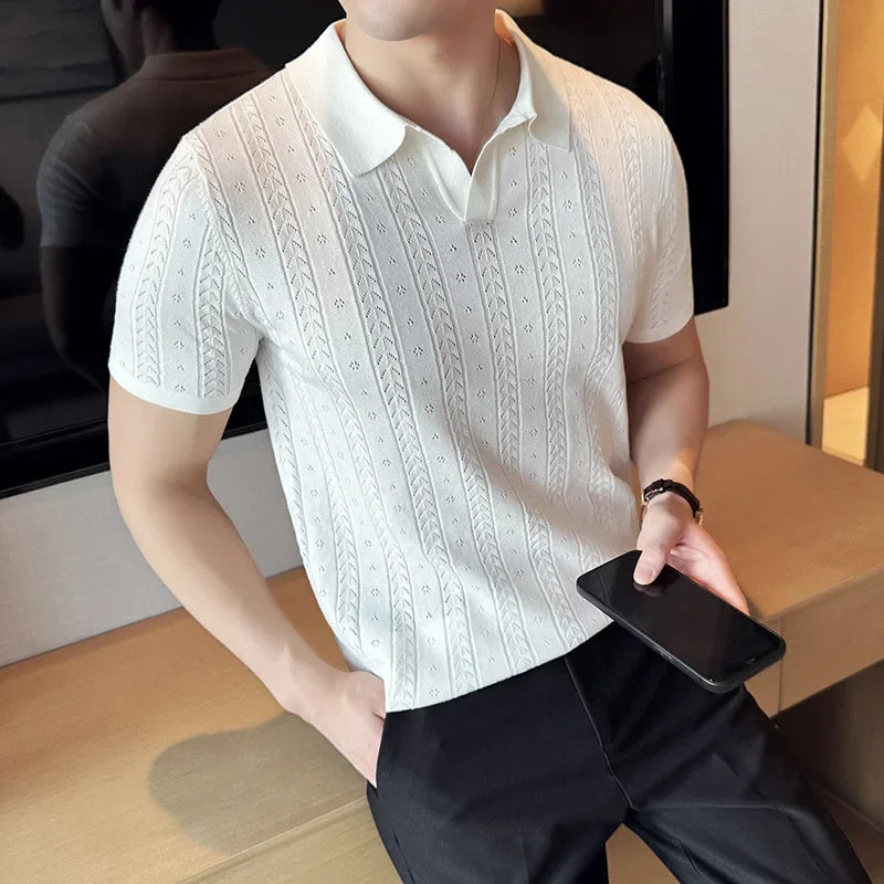 SALISBURY® 2026 Men's Striped Jacquard Knit Polo Shirt with V-Neck