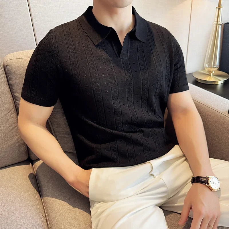 SALISBURY® 2026 Men's Striped Jacquard Knit Polo Shirt with V-Neck