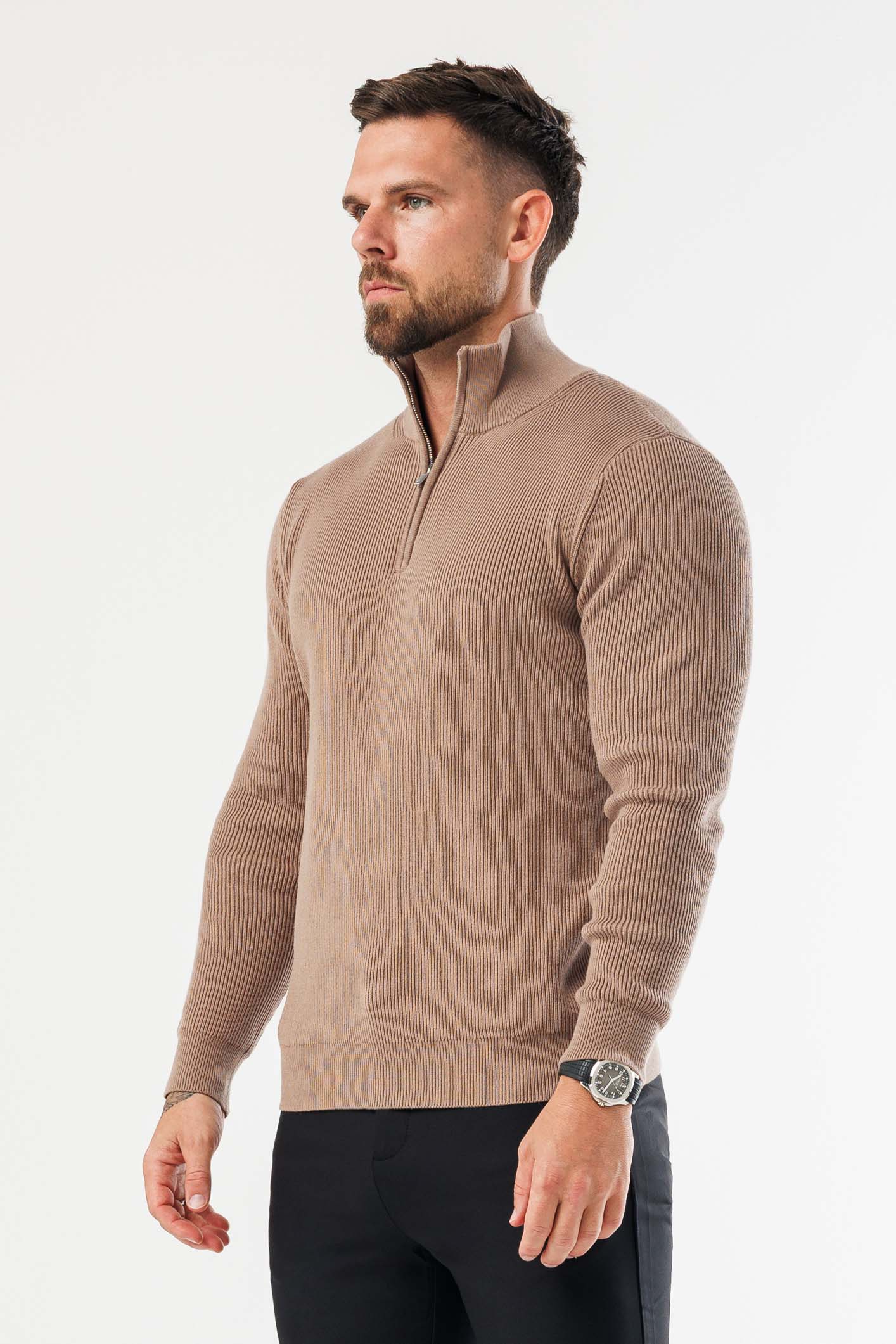 RIDGE KNIT QUARTER ZIP - BROWN