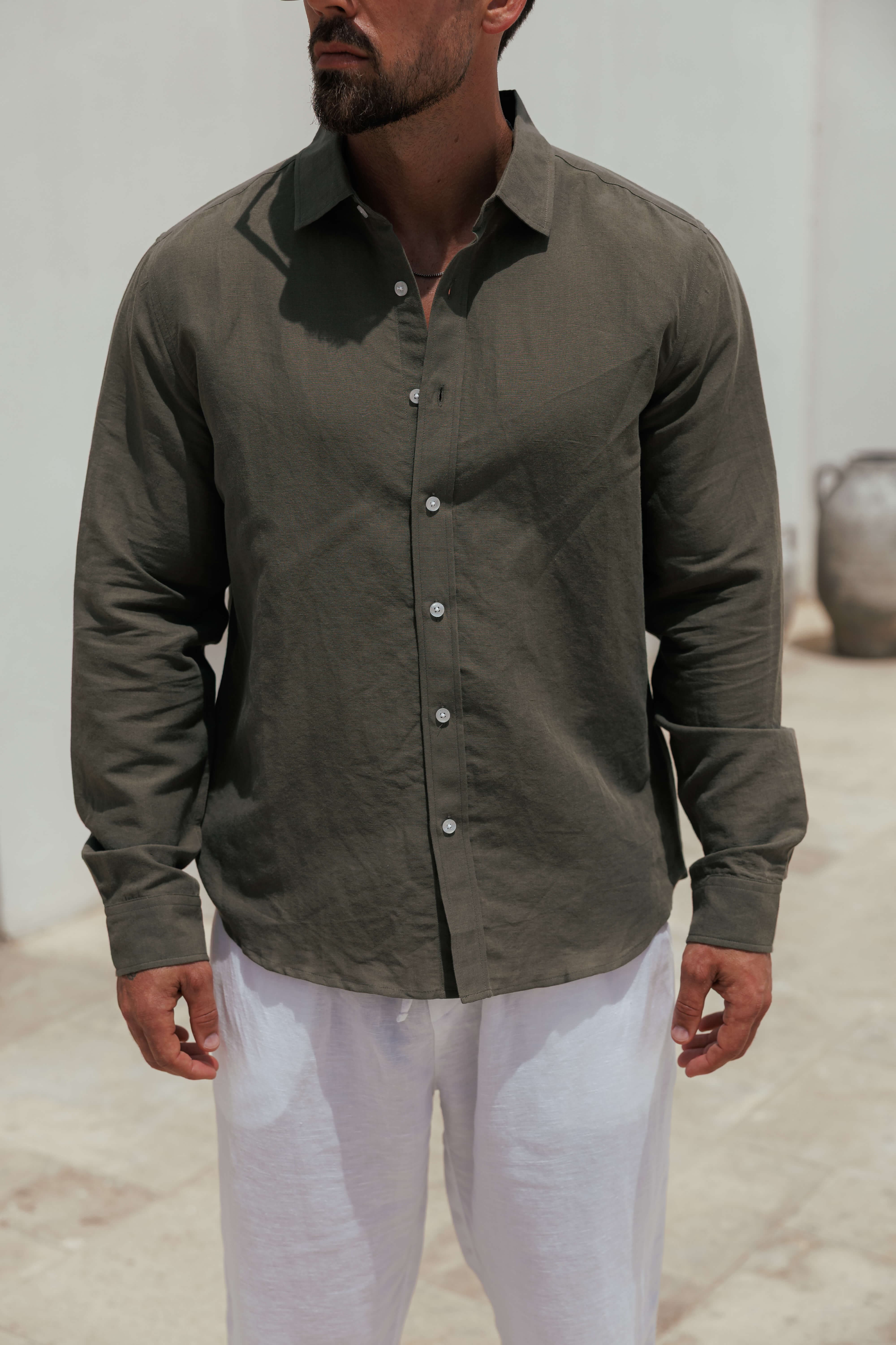 LUXE LINEN SHIRT - DARK OLIVE