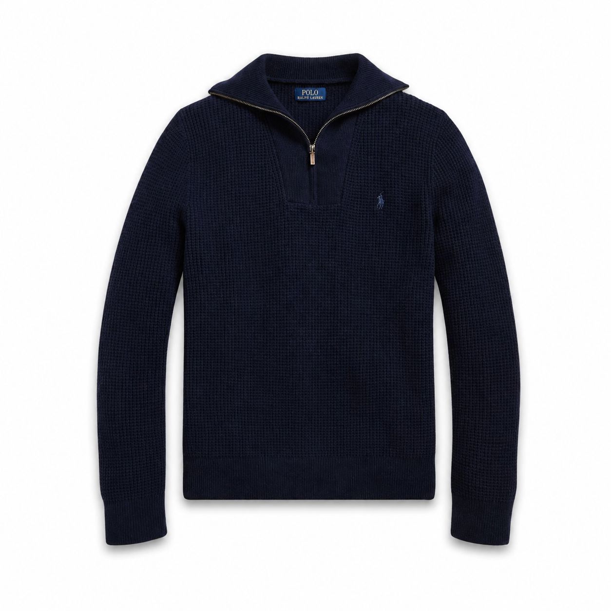 RL Waffle Knit Wool-Cotton Sweater with Quarter Zip