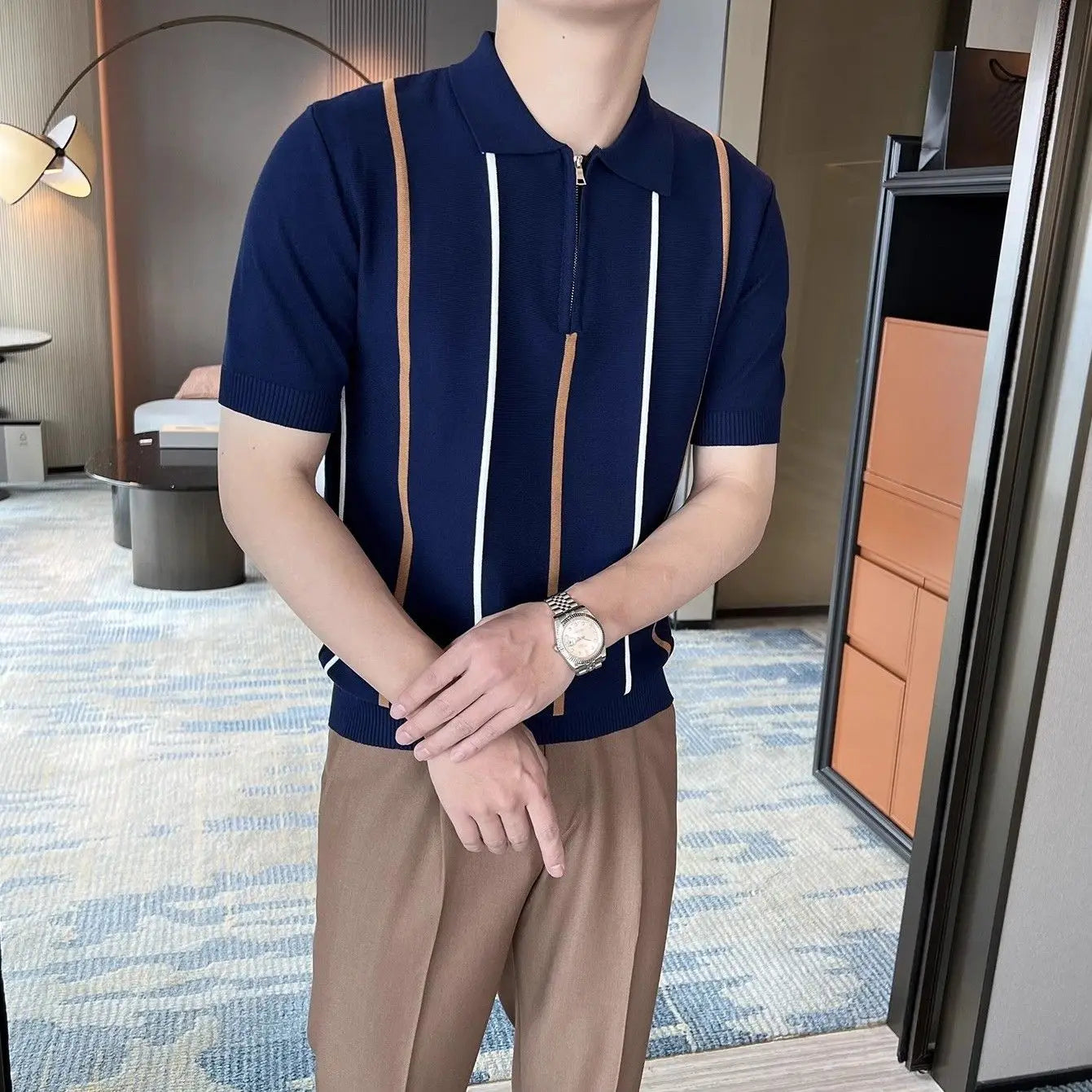 RAVELLO® British Stripe Knit Polo Shirt
