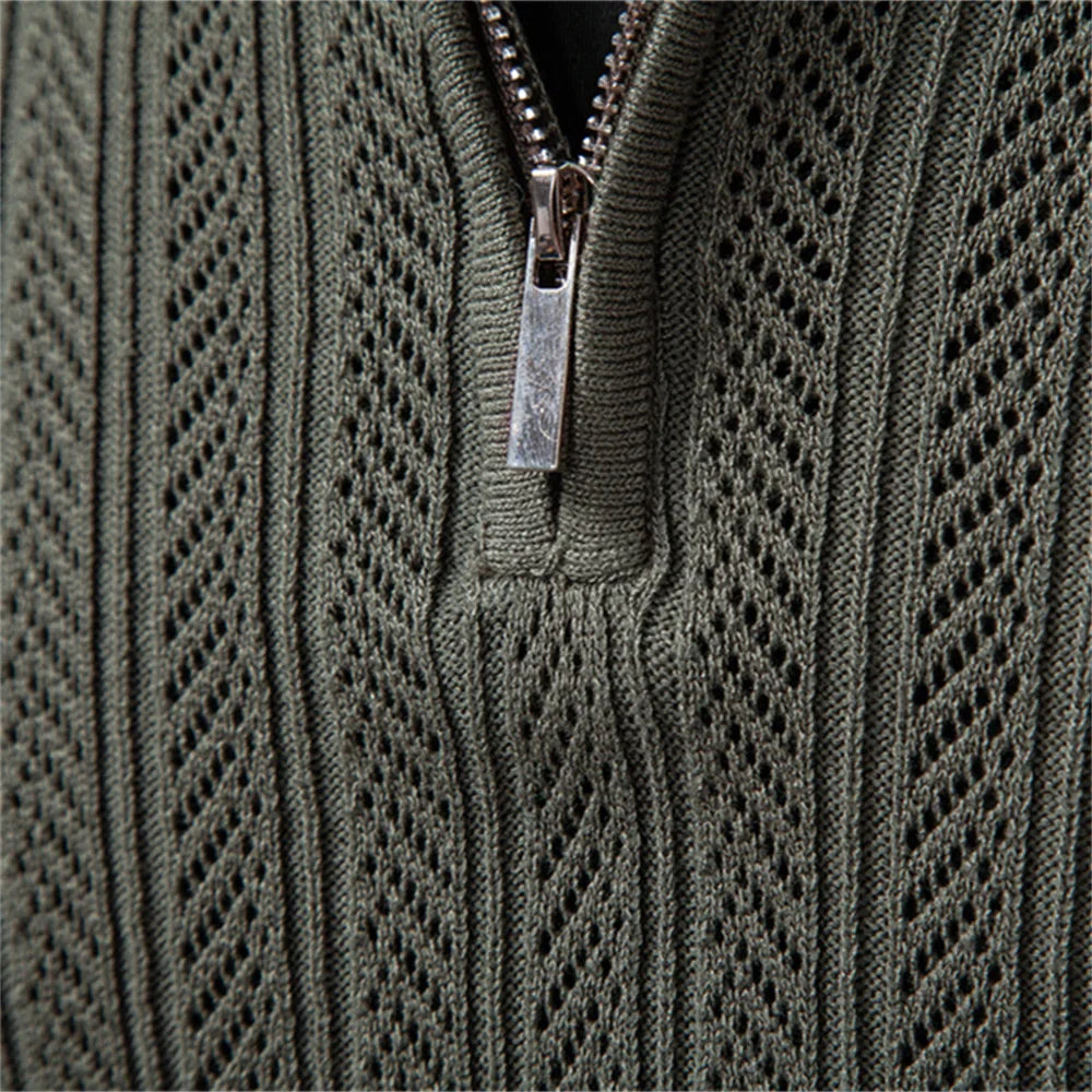 VALCERO® Zip Placket Cable Knit Slim Polo Shirt