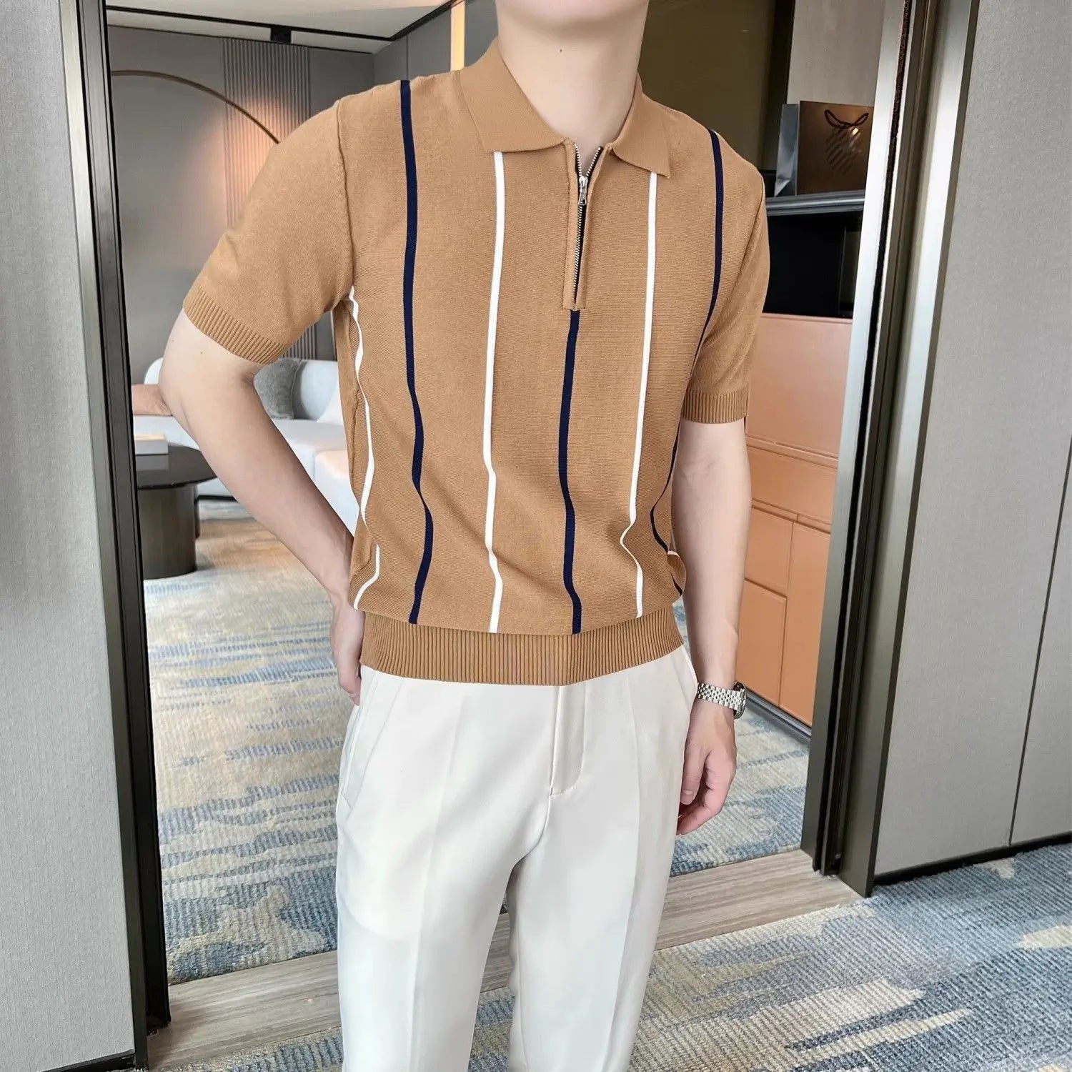 RAVELLO® British Stripe Knit Polo Shirt