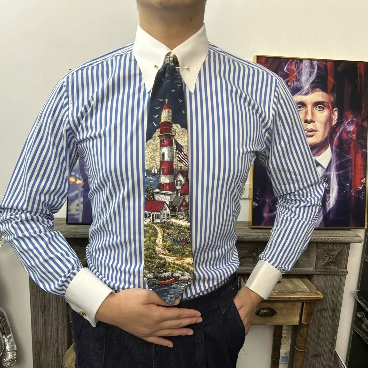 VALSORI® Windsor Collar Stripe Slim Shirt