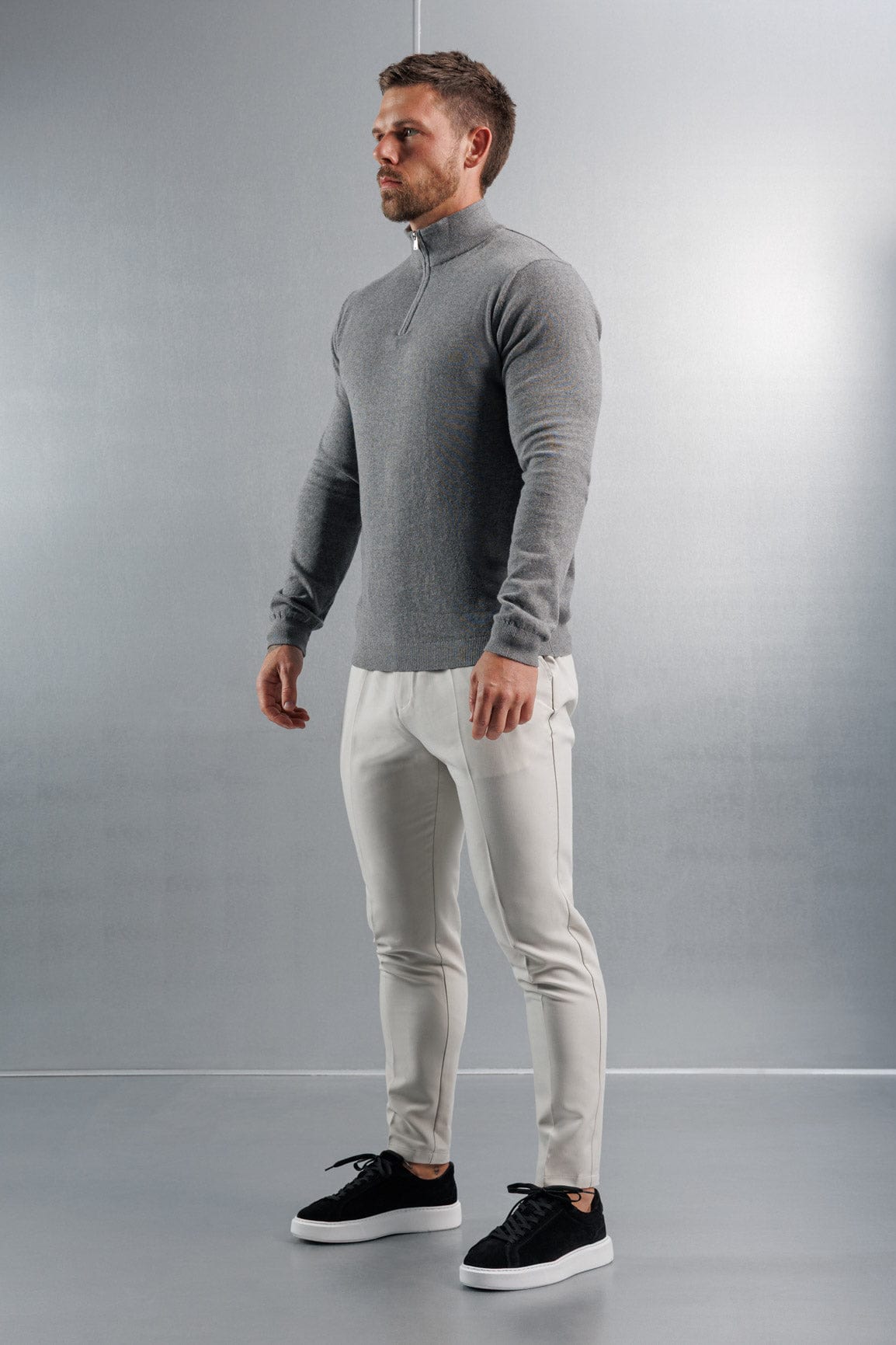 KNIT QUARTER ZIP SWEATER - GREY