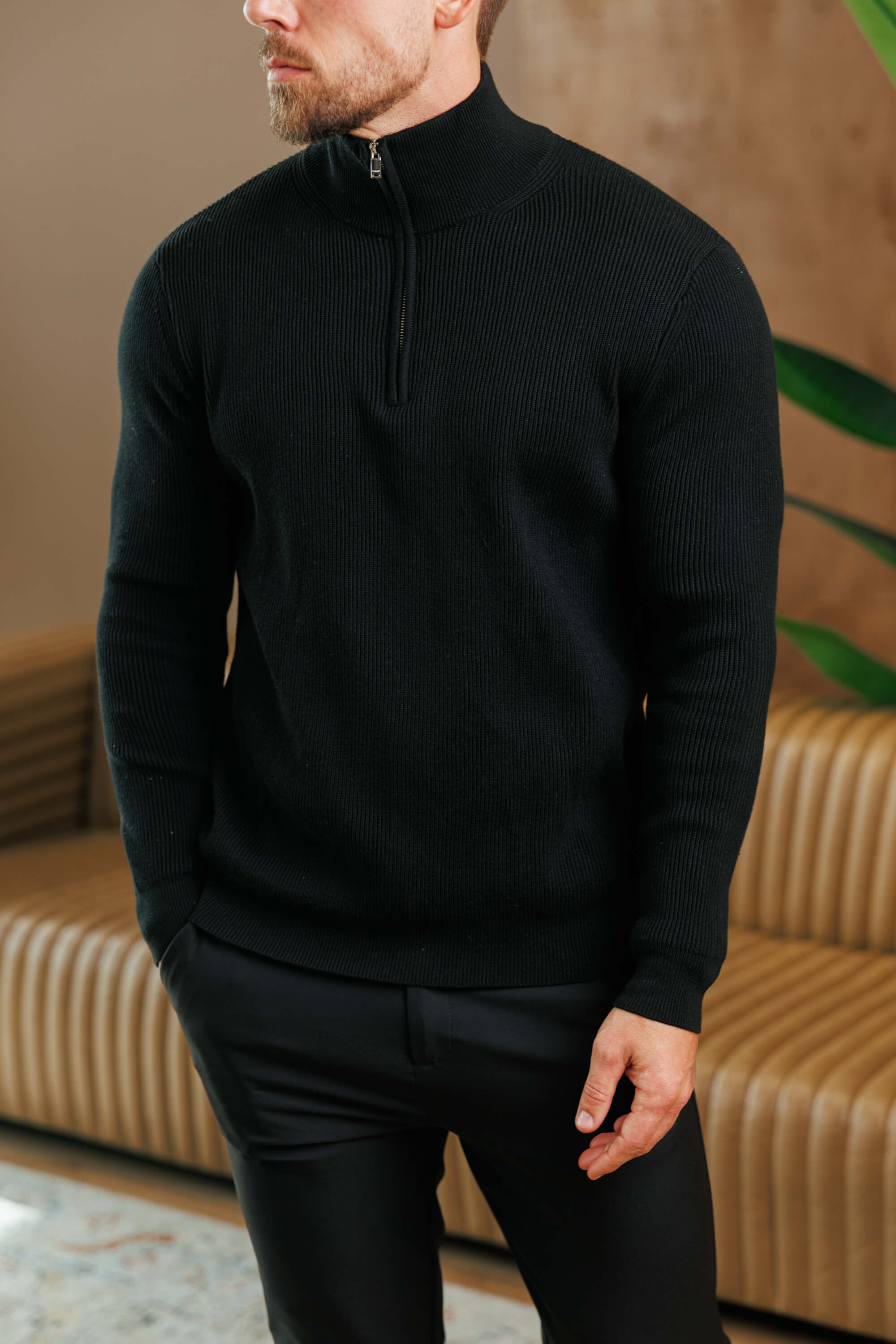 RIDGE KNIT QUARTER ZIP - BLACK