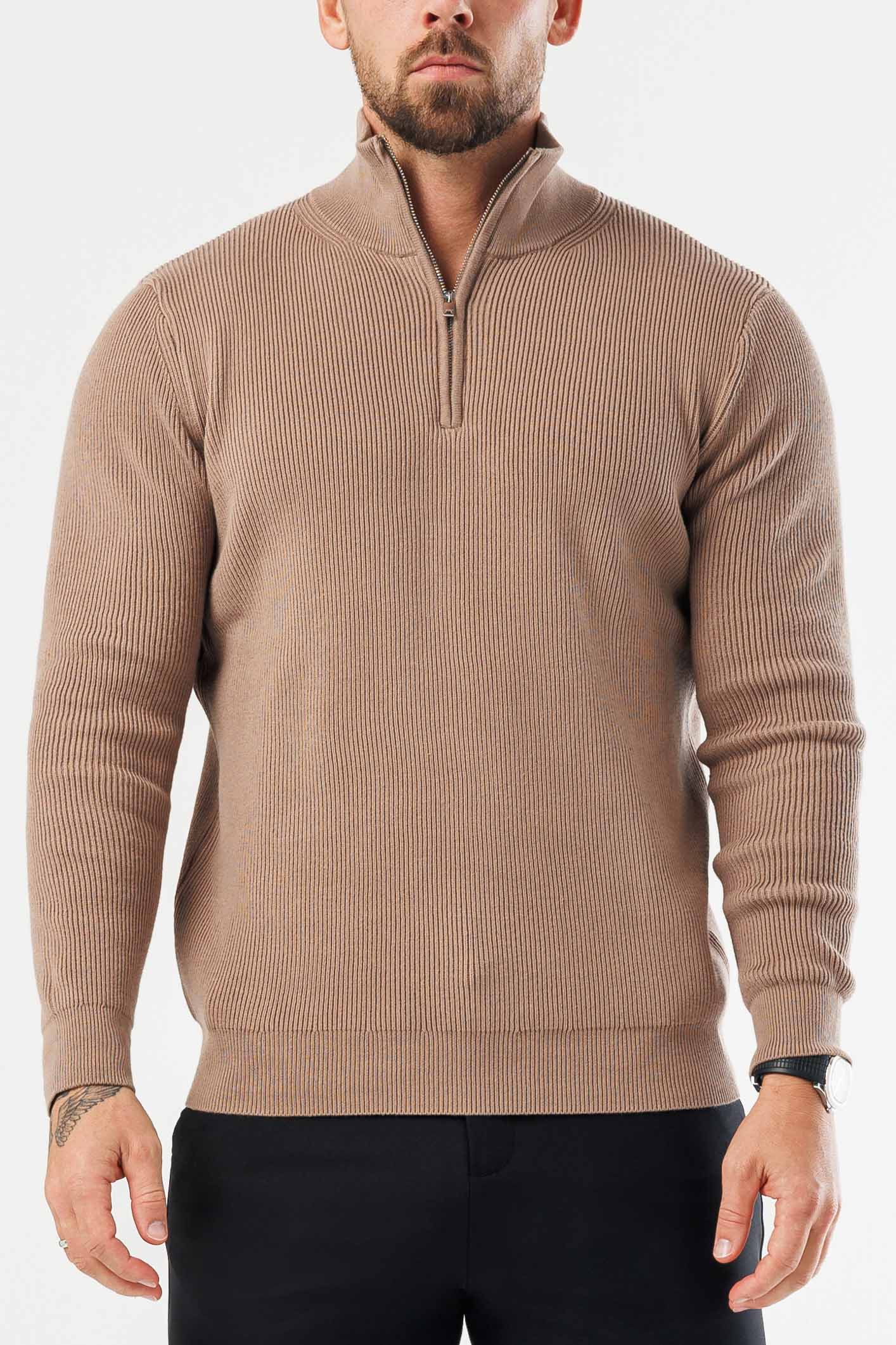 RIDGE KNIT QUARTER ZIP - BROWN