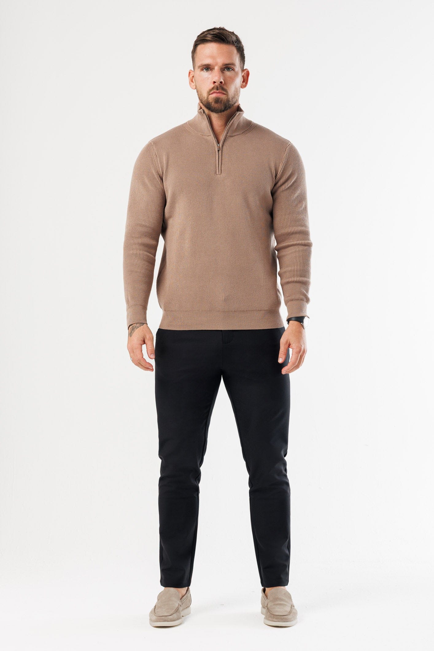 RIDGE KNIT QUARTER ZIP - BROWN