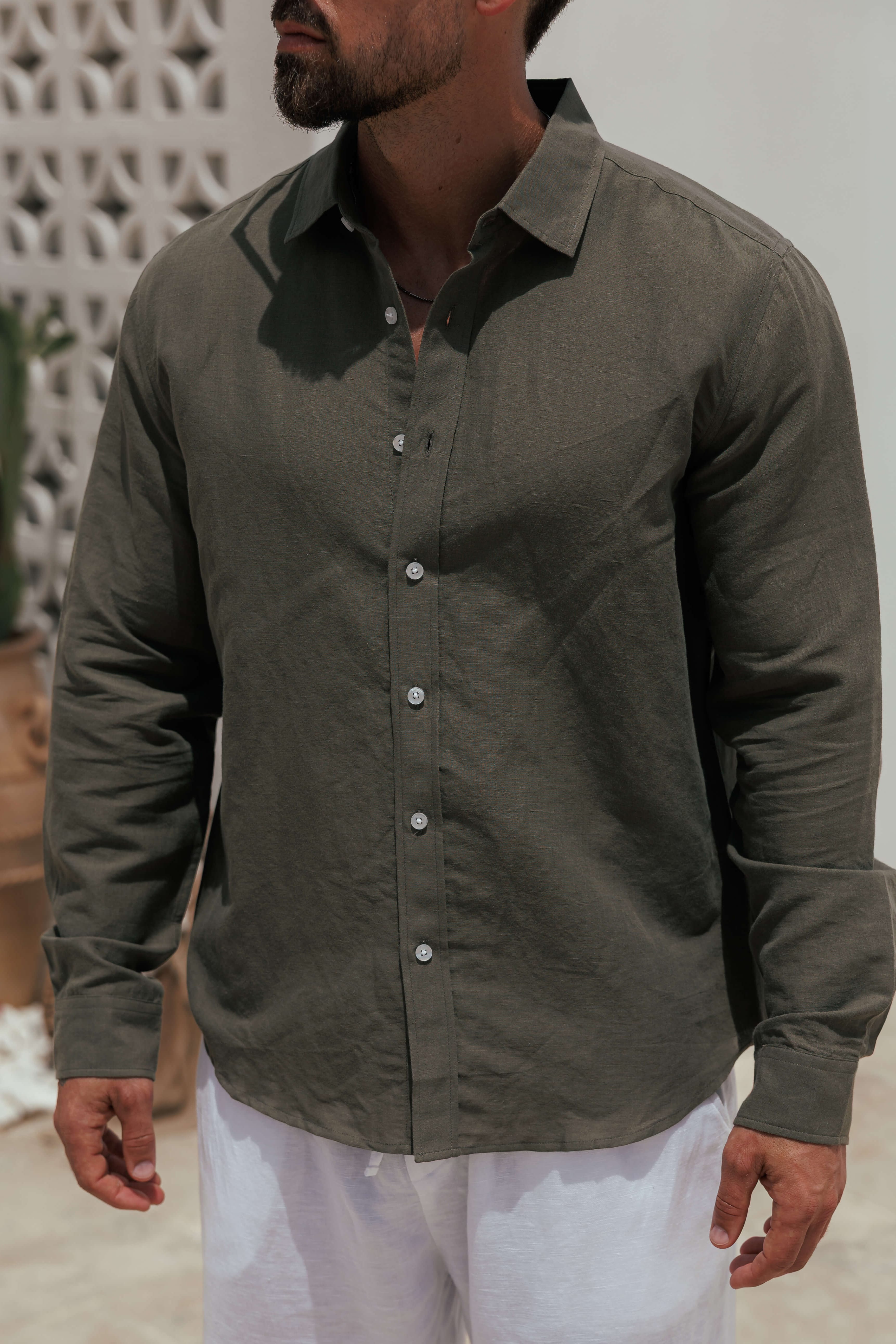 LUXE LINEN SHIRT - DARK OLIVE